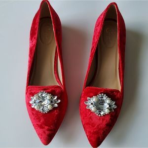 Crushed Red Velvet Embellished Flats